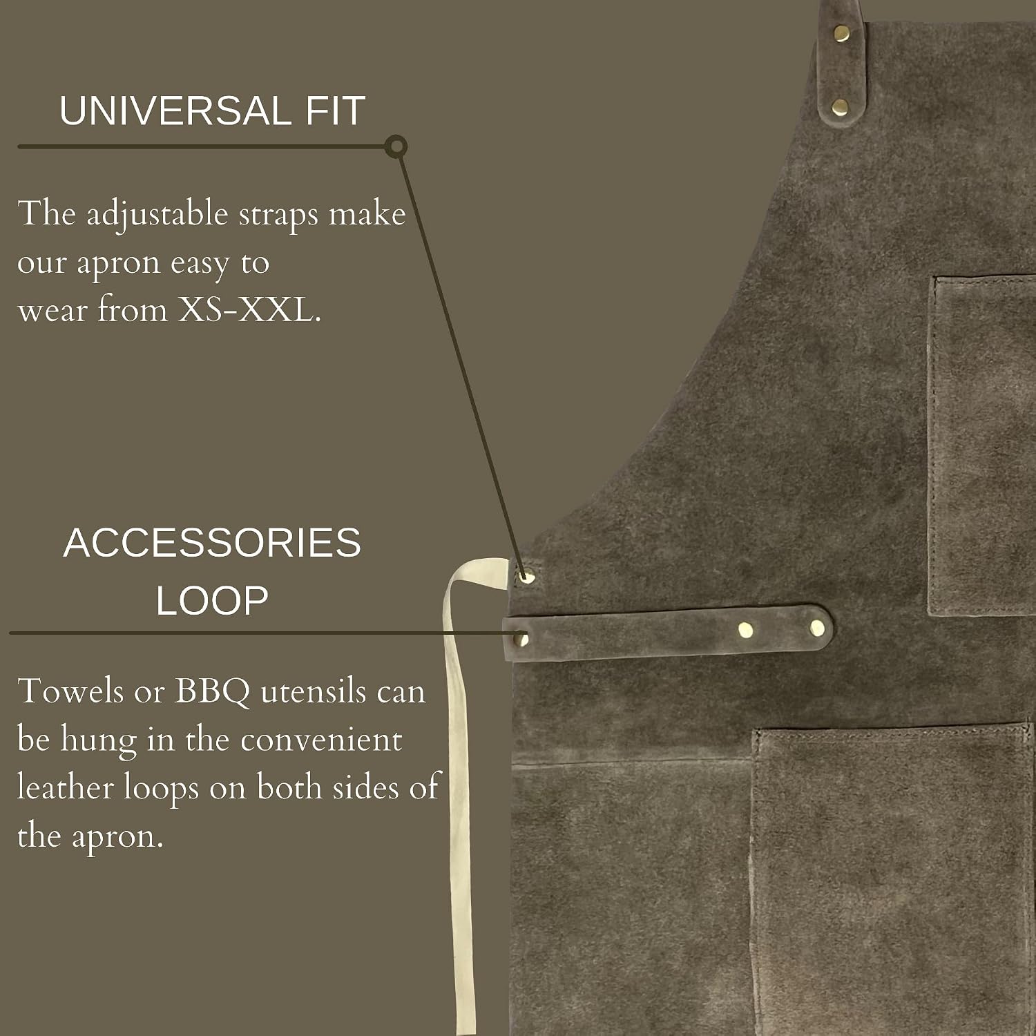 Leather Grill Work Apron with Tool Pockets - Adjustable up to XXL for Men