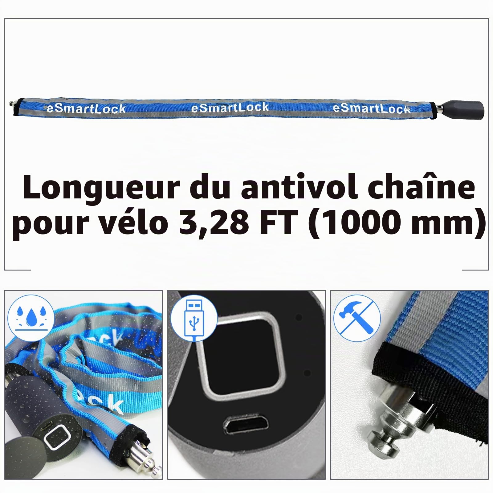 Antivol de vélo étanche sans clé eLinkSmart 100 cm pour vélo, scooter, moto, porte, clôture, portail, empreintes digitales, application Bluetooth, très résistant, bleu 2024