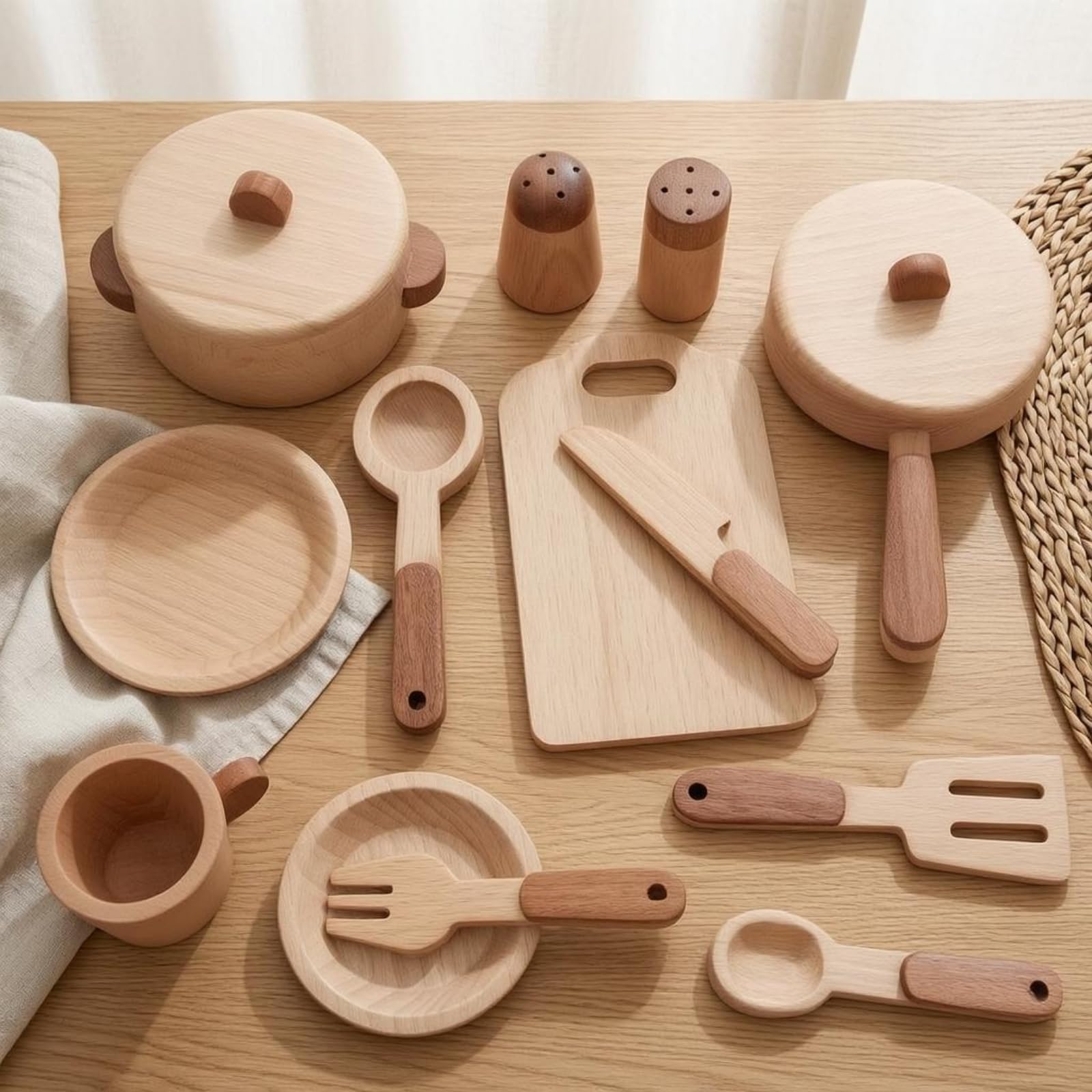 Gralara 15 Pieces Accessori Cucina Giocattolo Bordi Arrotondati Set Picnic in Legno Venatura Chiara