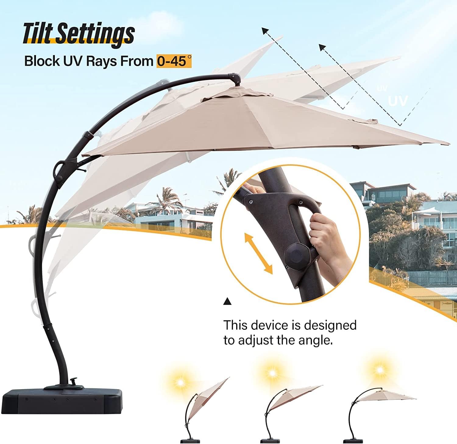 LAUSAINT HOME11FT Patio Cantilever Umbrella with Base Outdoor Curvy Round Offset Umbrella, Heavy Duty Aluminum Patio Umbrella with 360°Rotation and Windproof, for Garden, Pool, Deck, Backyard, Market(11 FT Champagne）