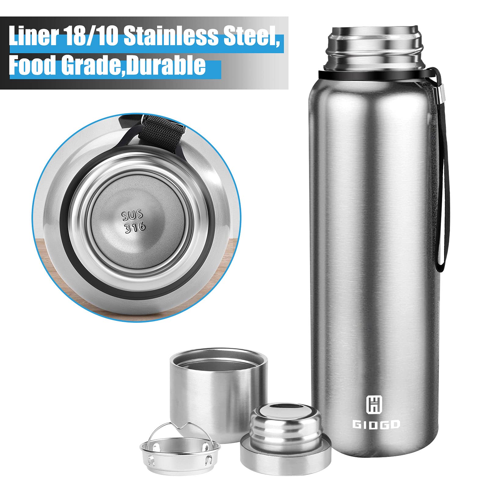 Vakuum-Isolierflasche mit Becher, Edelstahl, Silber, 1500 ml