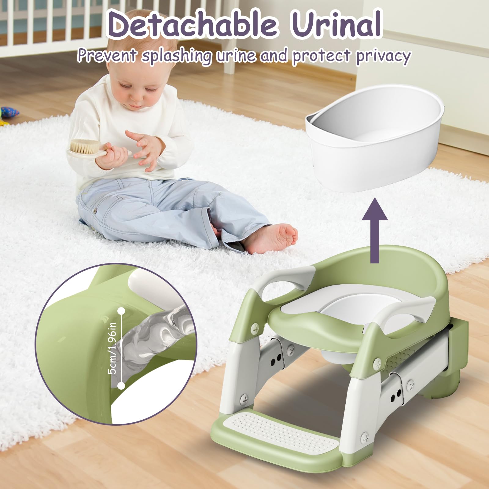 Vasino 3 in 1 con scaletta WC per bambini e bambine, con orinatoio, antiscivolo, scaletta e paraspruzzi, verde