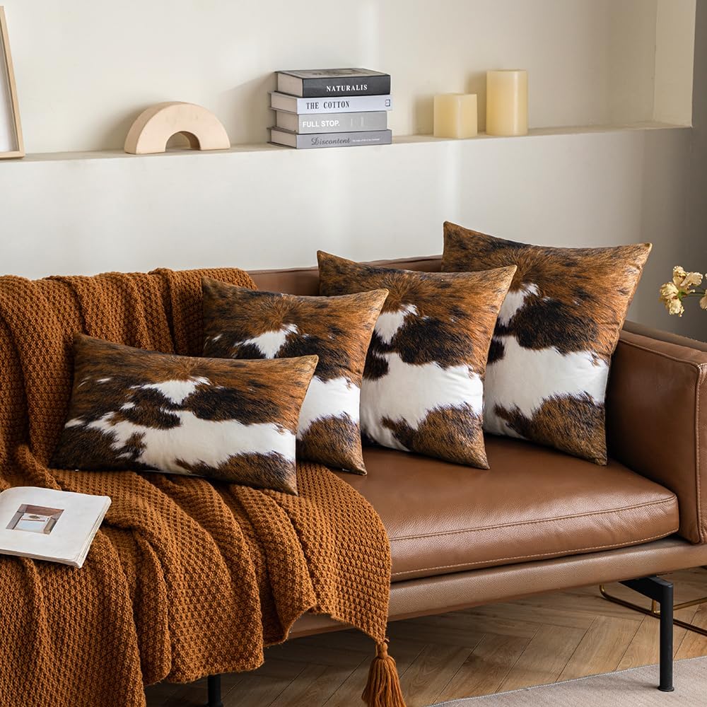 Woaboy Pack of 2 Decorative Throw Pillow Covers Cowhide Brindle Printed Couch Throw Pillows Cushion Covers for Home Decor Living Room Sofa Bedroom 22x22 Inch