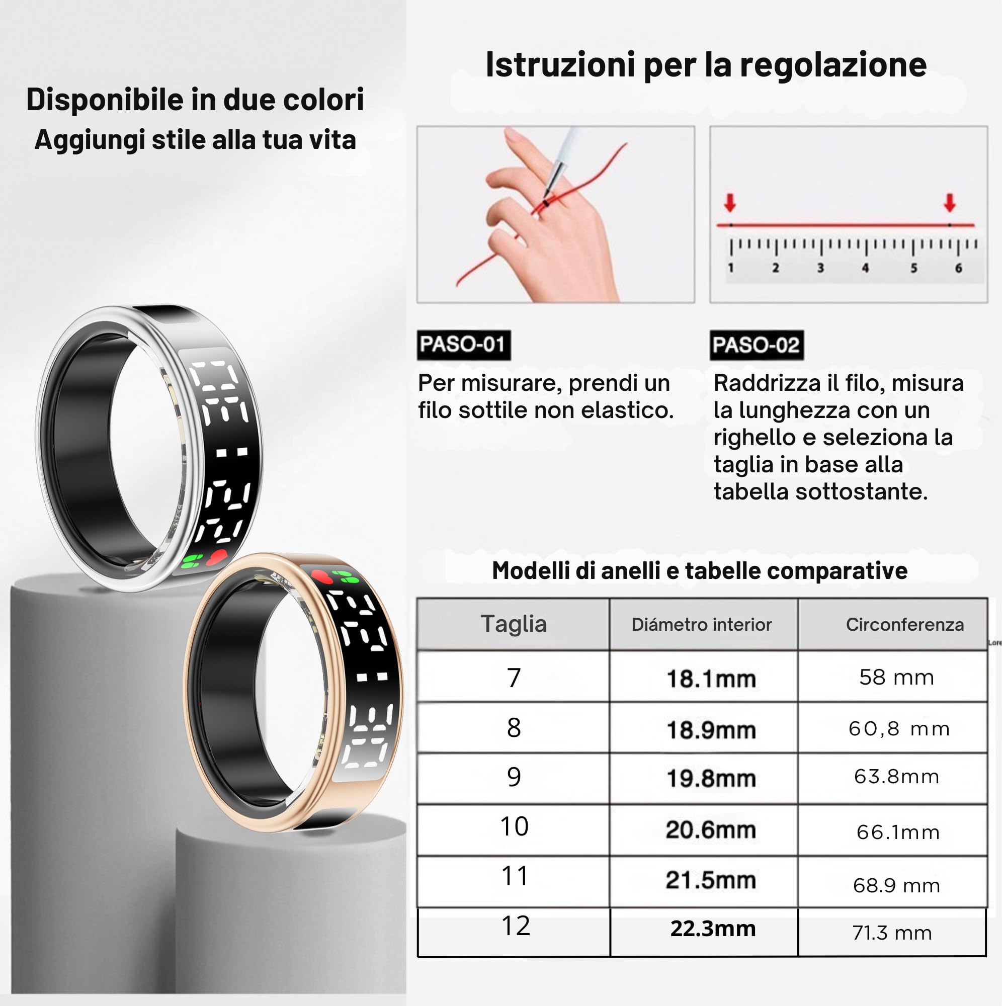 smartia – Anello intelligente con schermo touch, modello 2026 APP inclusa, Ring uomo e donna, anello attività fitness e controllo della salute, monitoraggio del sonno (Oro, 10)