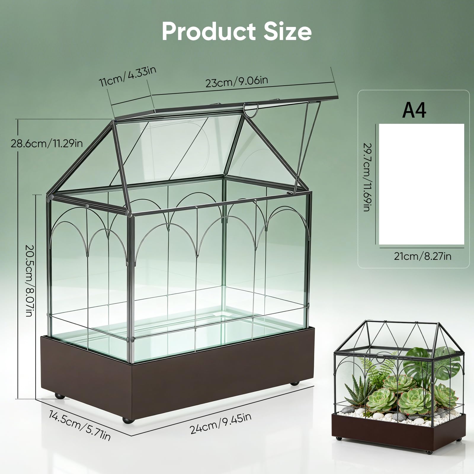 Mini Gewächshaus, 24x14,5x28cm Terrarium mit Aufklappbarem Glasdeckel, Volltransparentem Glas und Bodenwanne,Fensterbank Innen Gewächshaus aus Metallglas für Wohnzimmer und Büro auf der Fensterbank