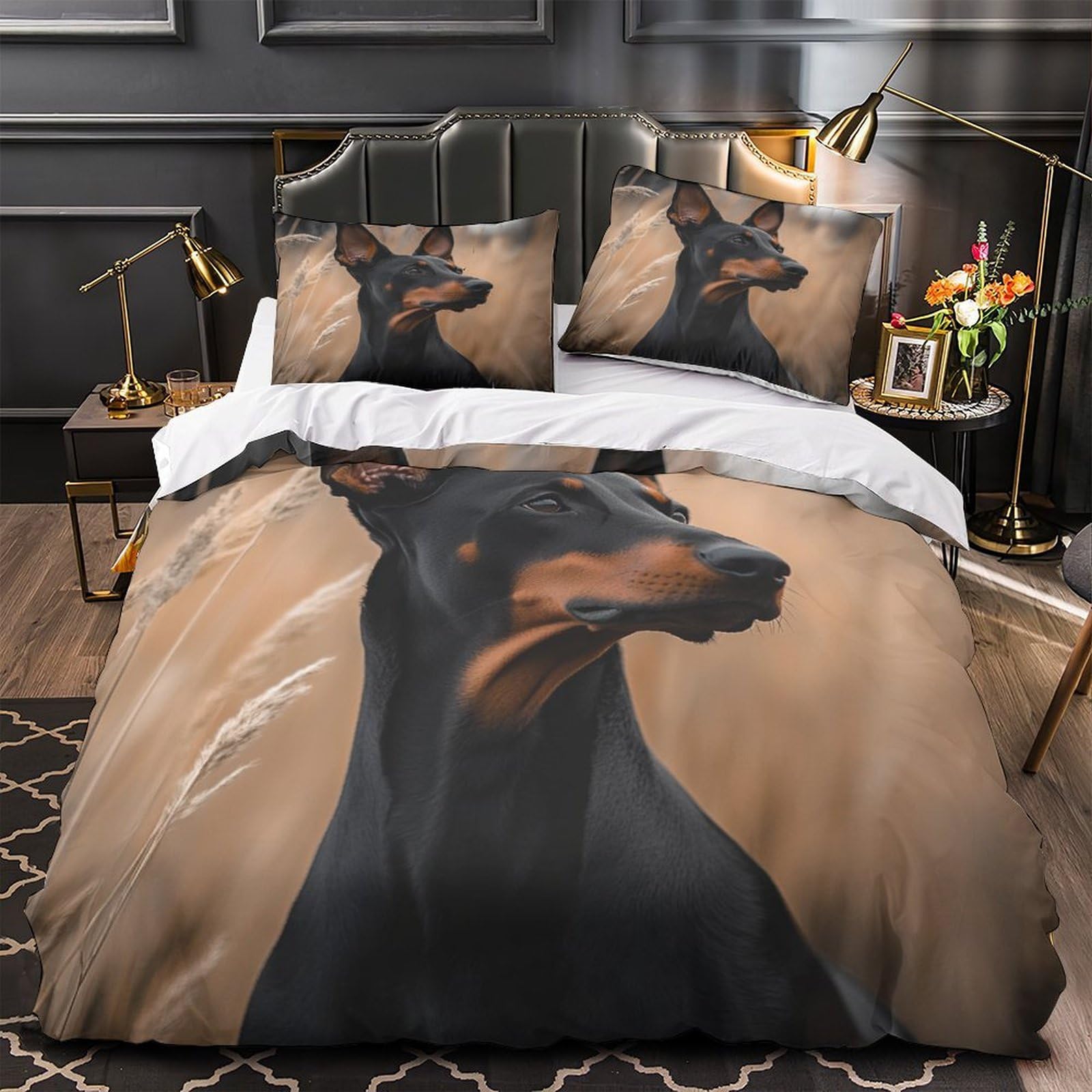 Housse de couette chiot Doberman 3D Super King parure lit 3 pièces en microfibre respirante