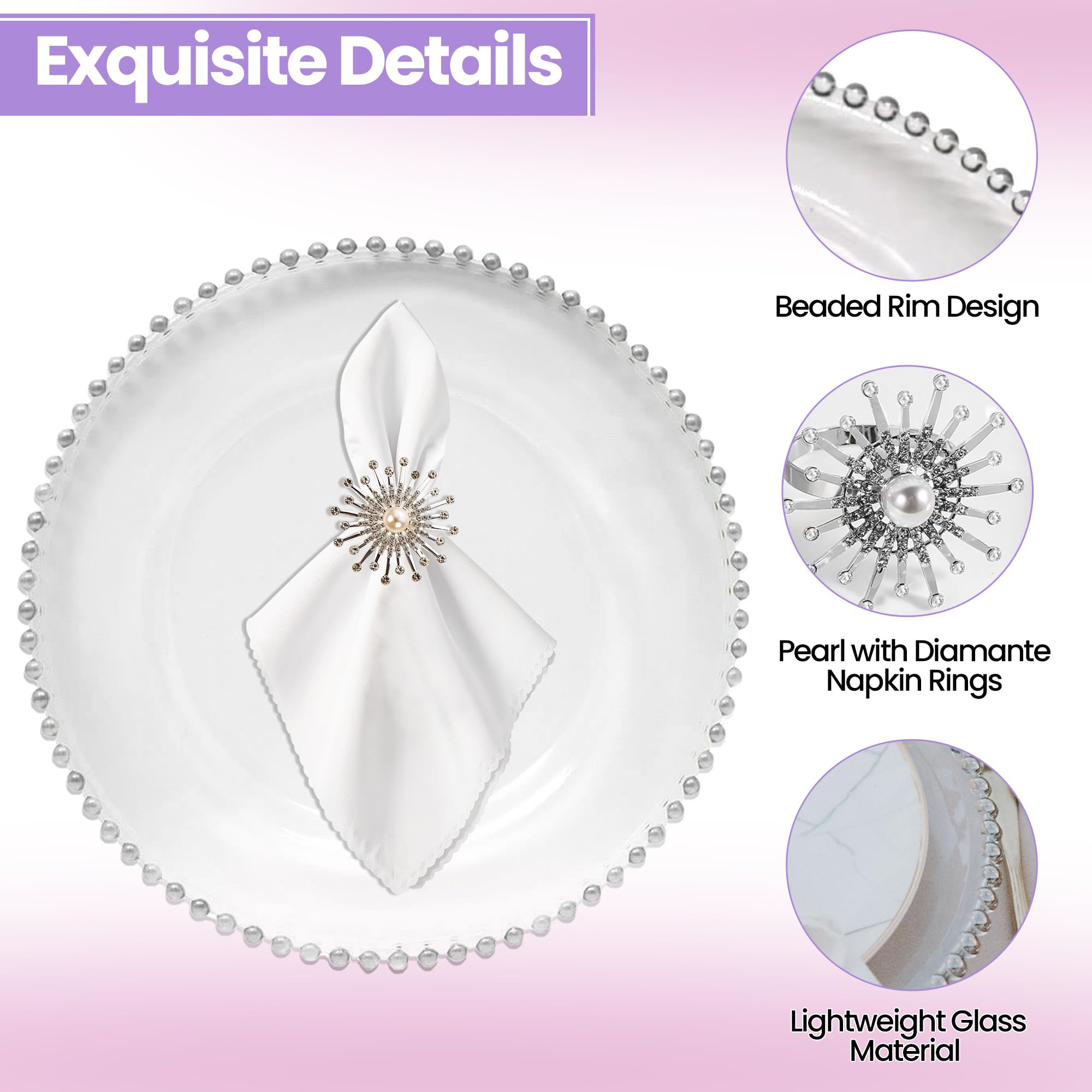 Juego de platos de cristal transparente con borde de cuentas plateadas y servilleteros con diamantes de perla, elegantes cargadores de 33 cm para bodas, fiestas, banquetes, eventos y decoración de