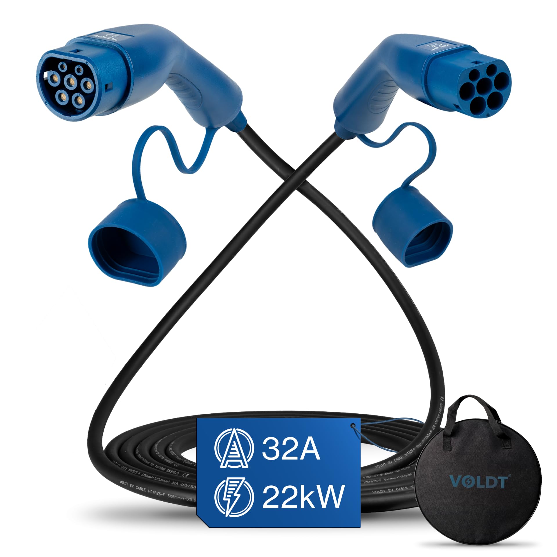 Voldt typ 2 kabel do ładowania spiralnego 22 kW 32A, 3-fazowy dla pojazdów elektrycznych EV PHEV, typ 2 do typu 2 modus 3, kompatybilny z Tesla modelami S/X/Y/3, ID.4, E-Tron, e-208, I4, IX1, Zoe
