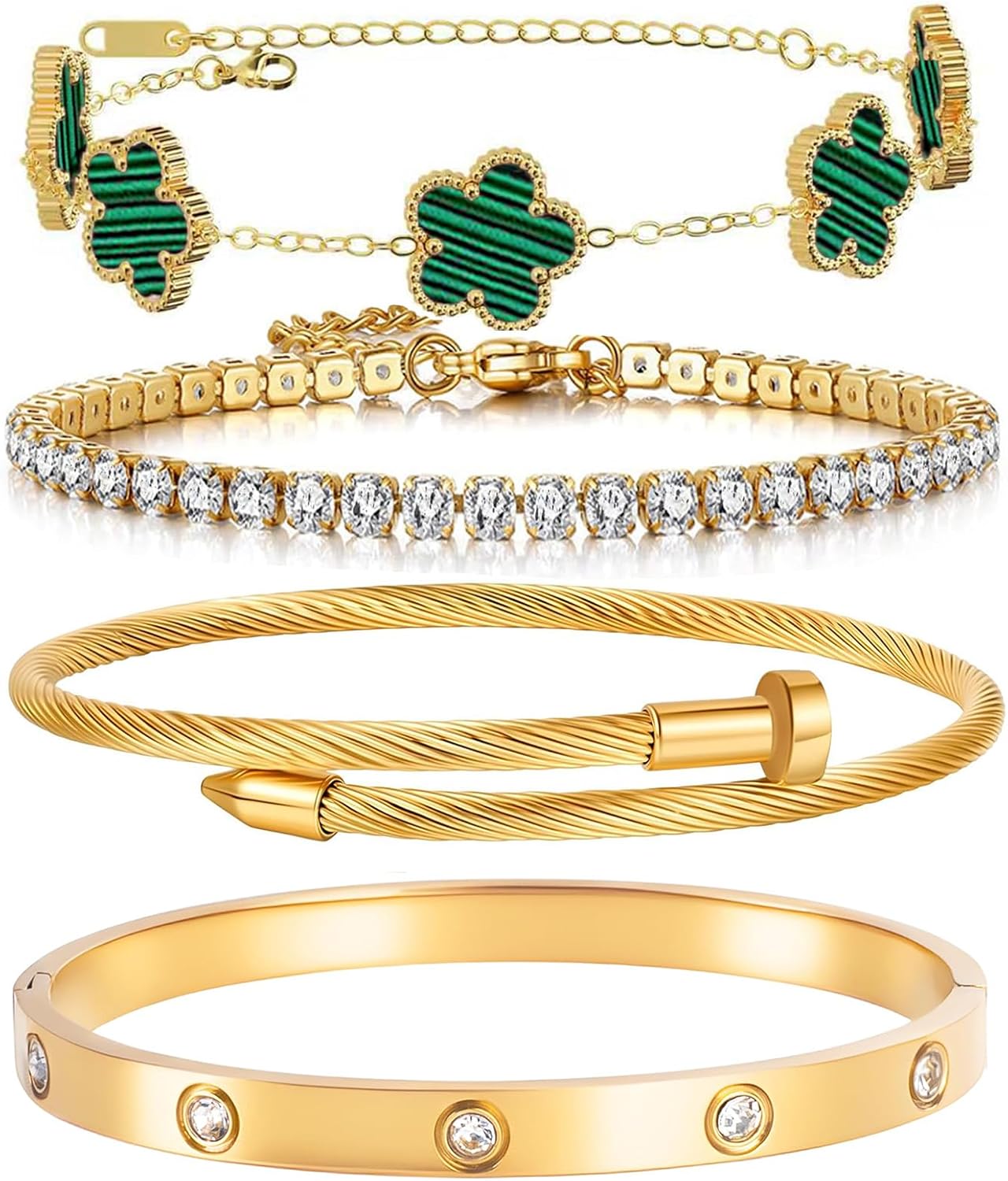 18K Gold Plated Womens Stackable Floral Bracelets Set,Twisted Cable Bangle,Trendy Jewelry,Waterproof adjustable bracelet,Christmas Birthday Gifts for Girlfriend or Mother.