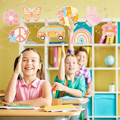 Miniatura 5 de AnyDesign Juego de 36 espirales colgantes para fiestas, retro, hippie, bohemio, flores, mariposas, serpentinas colgantes en espiral para techo con