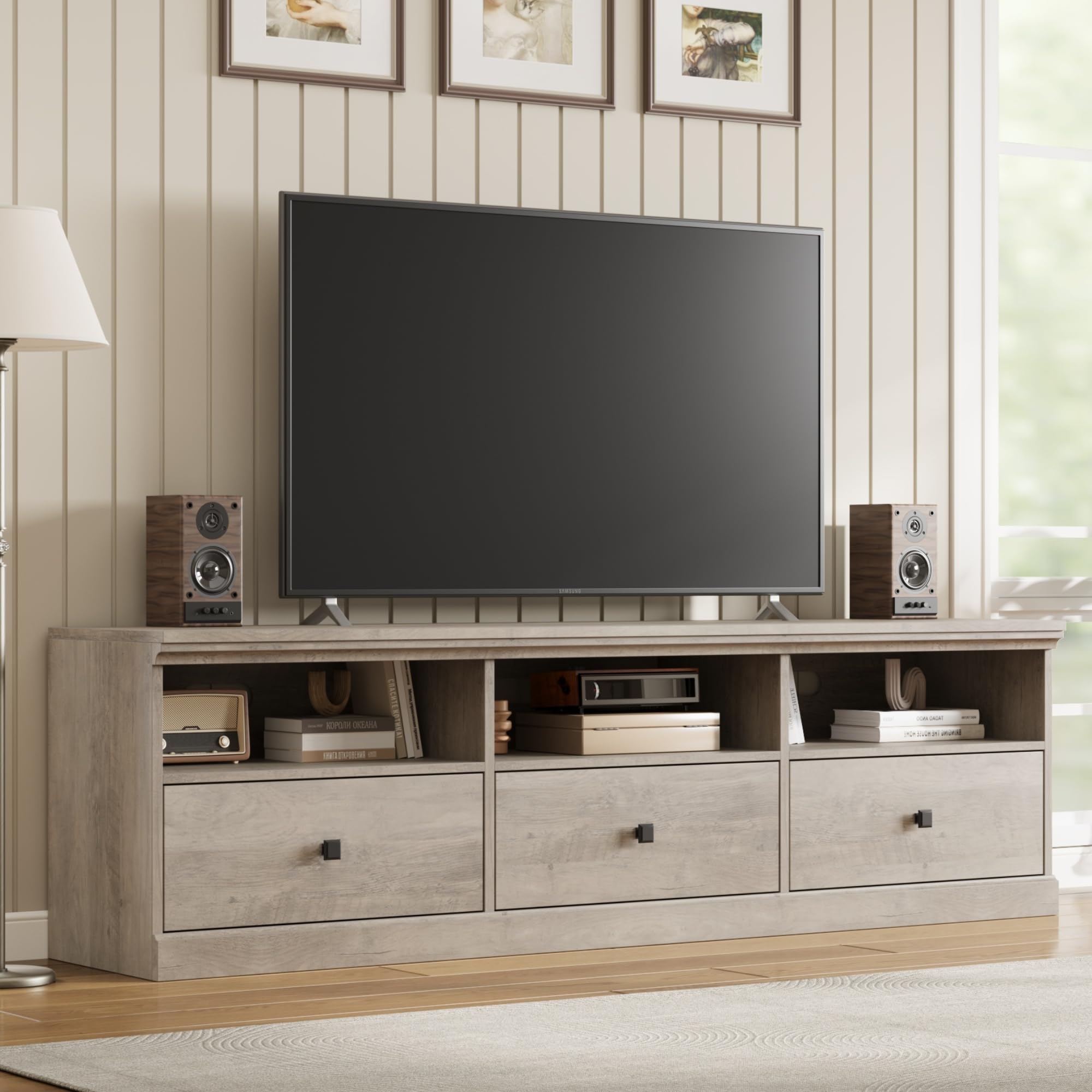 TV Stand for 75 Inch TV, Mid-Century Modern Entertainment Center with Storage Drawer, 70" TV Console with Open Shelves, Wood Media Console TV Cabinet for Living Room?Gray