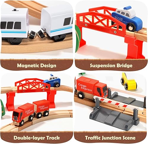 Miniatura 3 de Juego de tren eléctrico de madera para niños pequeños, 88 piezas de juguetes de tren para 3, 4, 5 años, gran regalo de Cristo para niños y niñas
