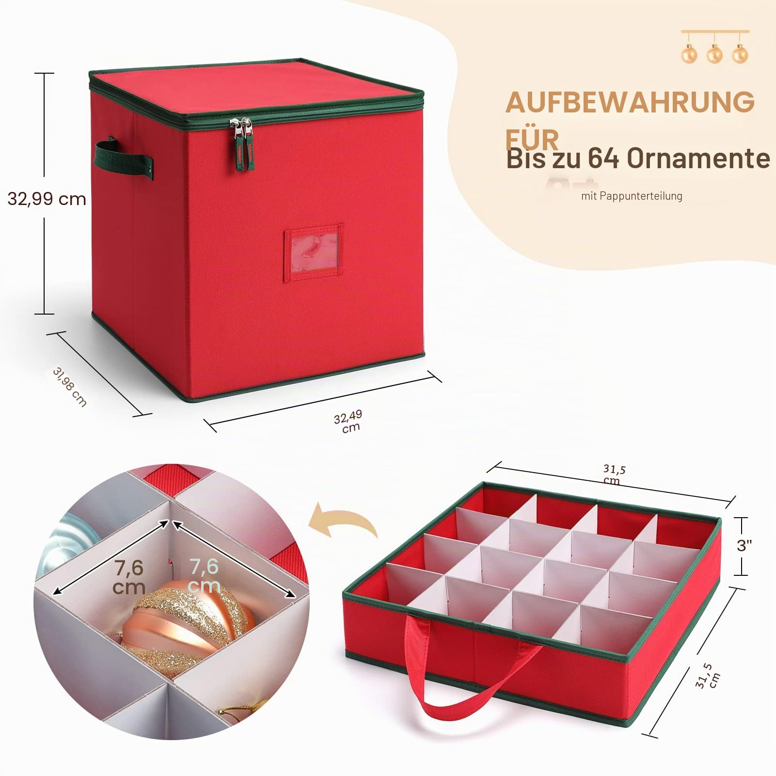 MaidMAX Aufbewahrungsbox für Weihnachtskugeln mit Verstellbaren Trennwänden, Aufbewahrungstasche Weihnachten mit 4 Ebenen, Abnehmbar mit Griffen, 64 Kugel-Aufbewahrungsbeutel, 32x32,5x33cm