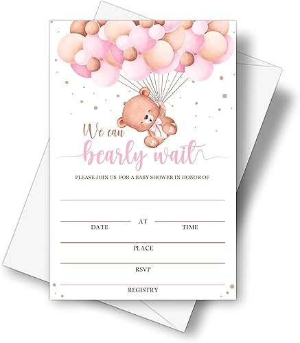 Tarjetas de invitación para baby shower con globos de oso rosa con sobres (4 x 6 pulgadas), invitaciones de baby shower para niños y niñas,