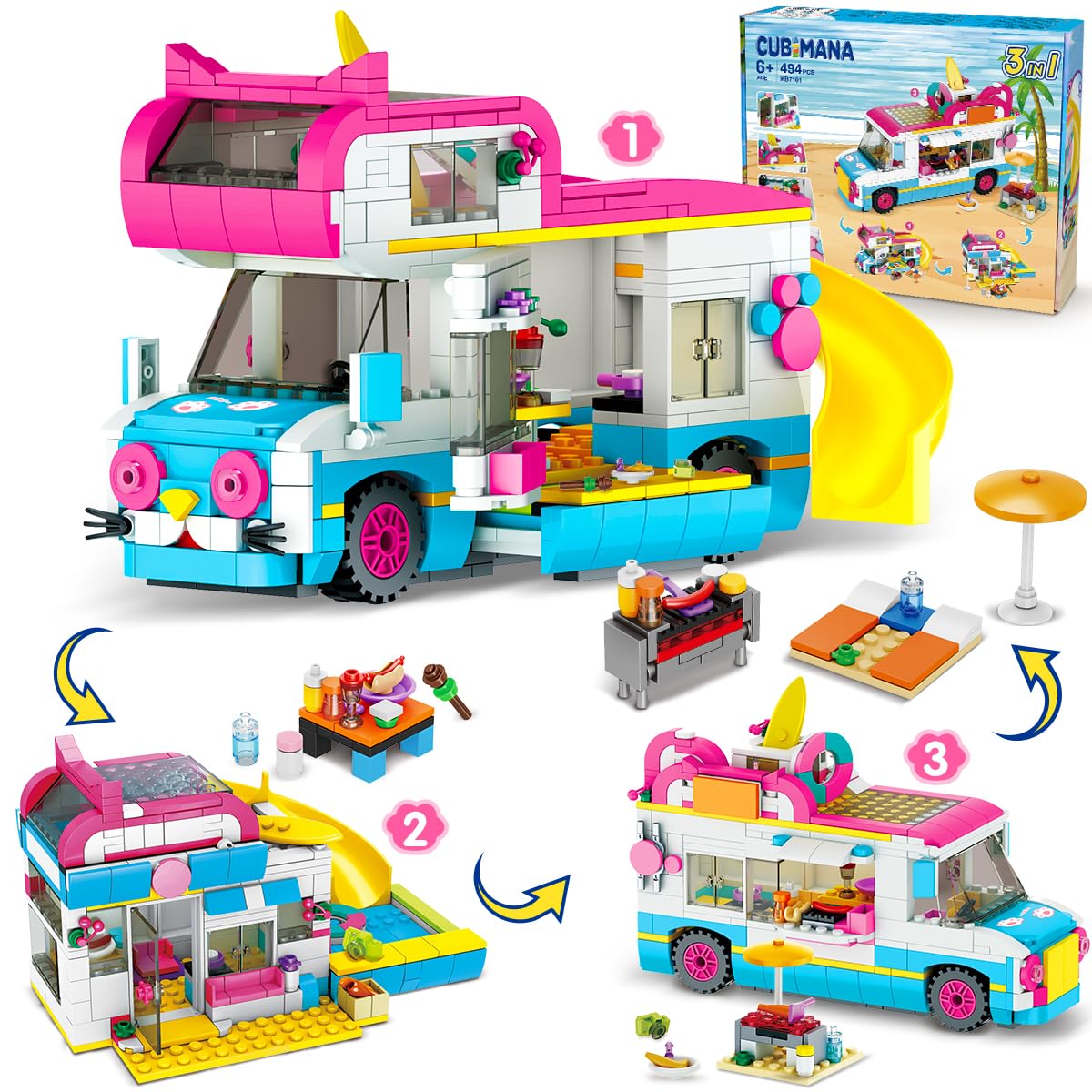 CUBIMANA 3 in 1 Ragazze Camper Van Kit di costruzione - Set di blocchi da costruzione per il campeggio | Giocattoli da costruzione per autobus urbani con scivolo e adesivi | Regali per ragazze