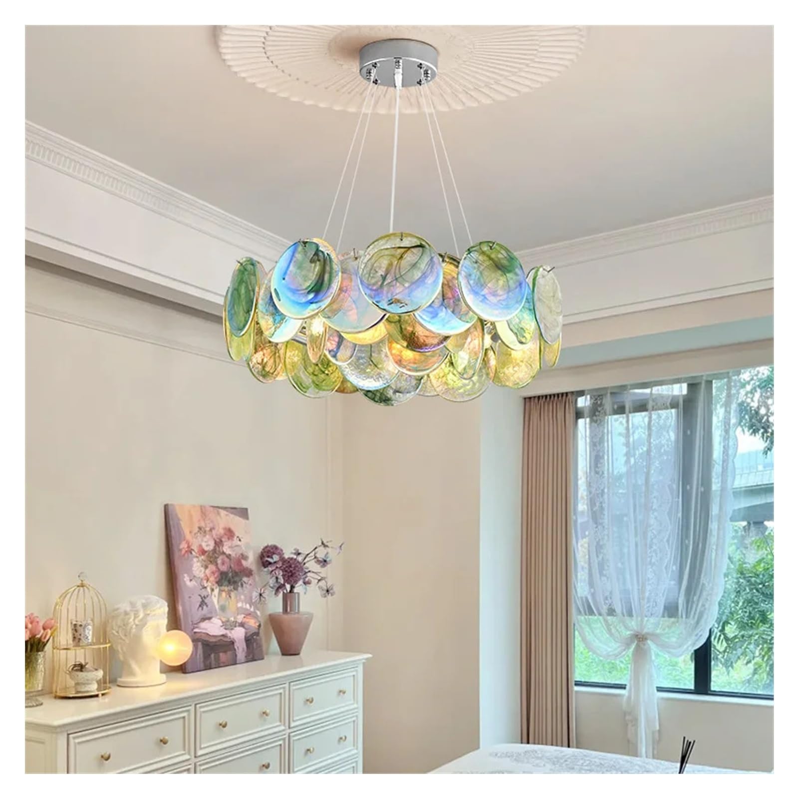 Lustre en verre rose de Murano suspension ronde cristaux colorés d50