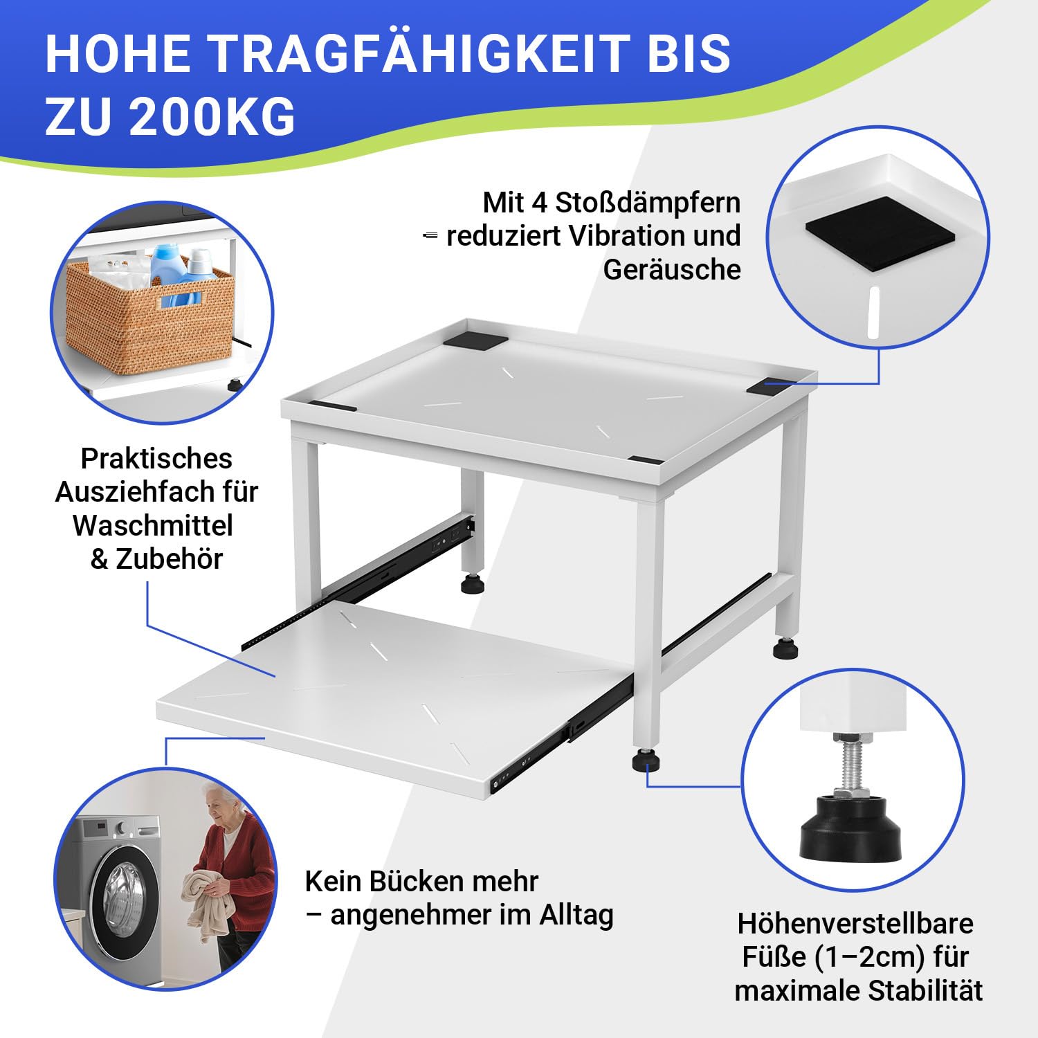 Base per lavatrice 45,5 cm, con cassetto, piedini regolabili in altezza e cuscinetti antiscivolo, fino a 200 kg, piedistallo per lavatrice/asciugatrice, bianco
