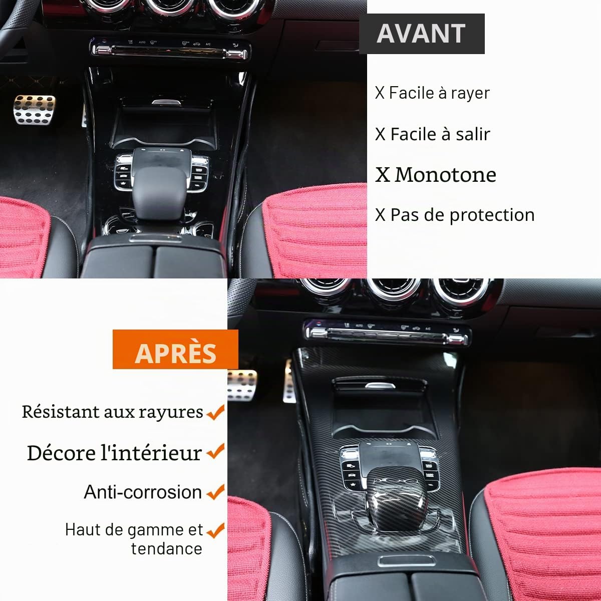 Cadre de protection de console centrale de voiture en ABS style fibre de carbone Garniture pour Benz Classe A W177 2019 Accessoires