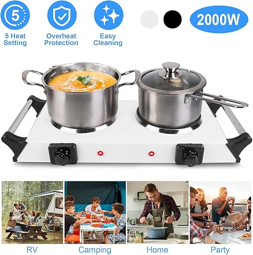 Miniatura 3 de Placa caliente de 2000 W, estufa eléctrica portátil para encimera, quemadores dobles con control de temperatura de 5 niveles y asas que se mantienen