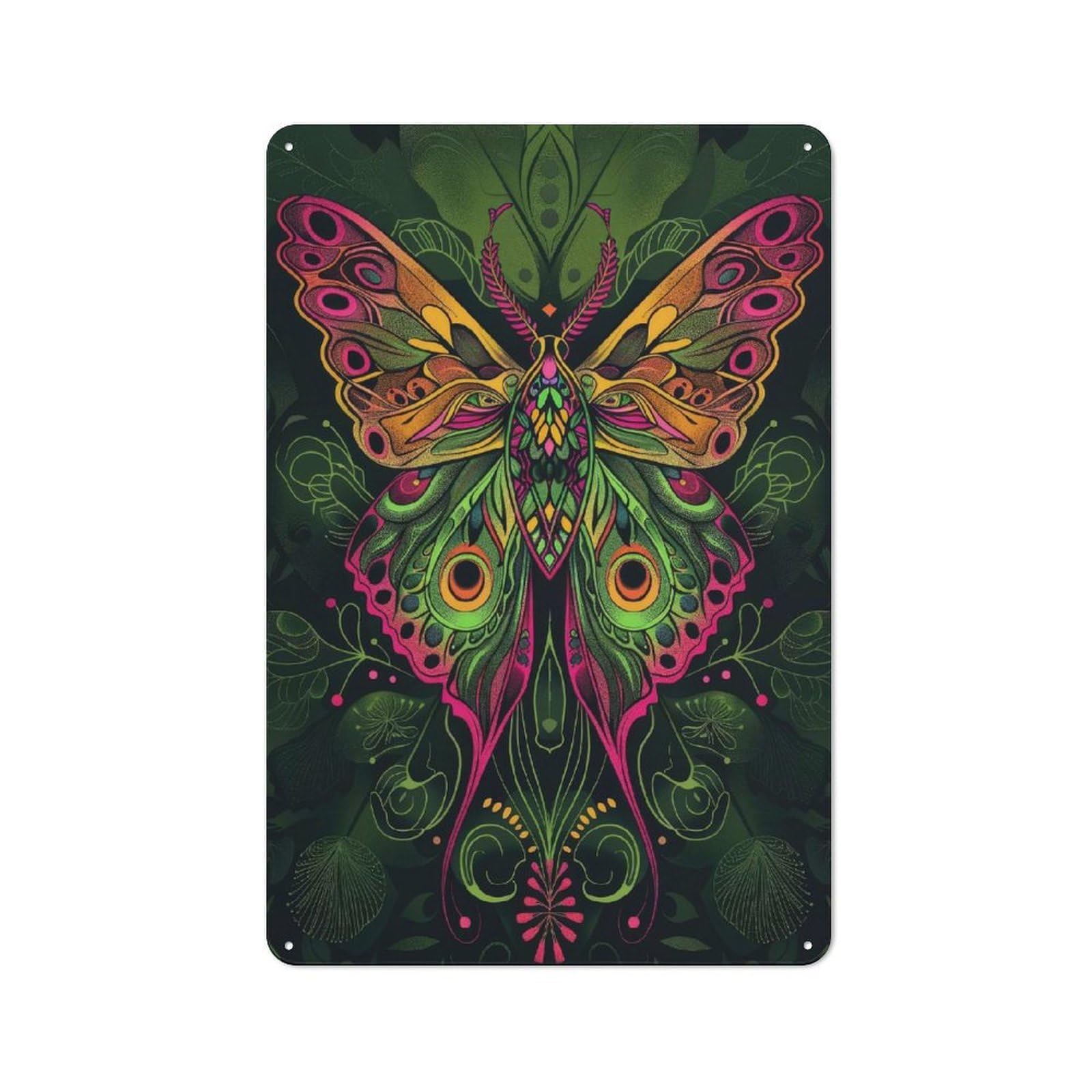 Junmoney Style-1 For Guest Room Or Hallway, Neon Art Nouveau Moth Retro Metal Wall Sign 30X20cm, For Vintage Wall Decor Fans, For Metal Sign Collectors