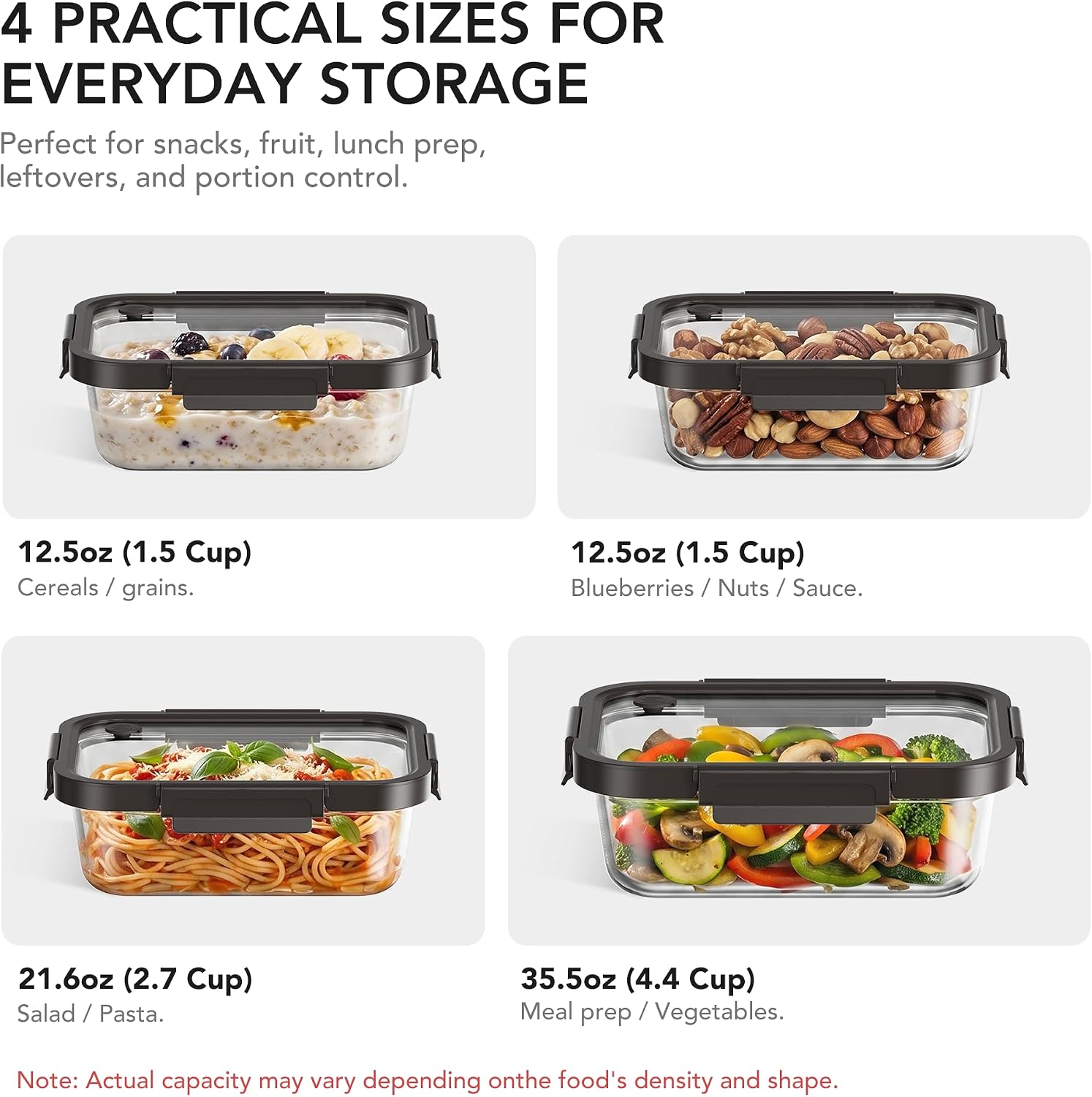 GENICOOK Glass Meal Prep Containers with Glass Lids, 4 Pack Airtight Glass Food Storage Containers, Borosilicate Glass Lunch Containers for Healthy Meal Prep, Microwave Oven Dishwasher Safe, BPA Free