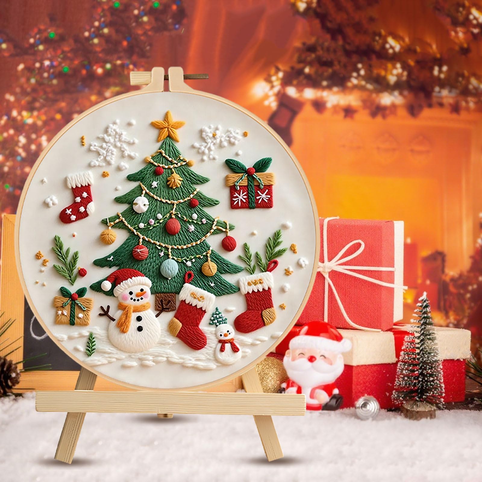 YEESAM ART Kreuzstich-Set „Weihnachtsbaum & Schneemann“ – 11 CT, 67x53 Cm | Gestempelt, Inkl. Garn & Nadeln