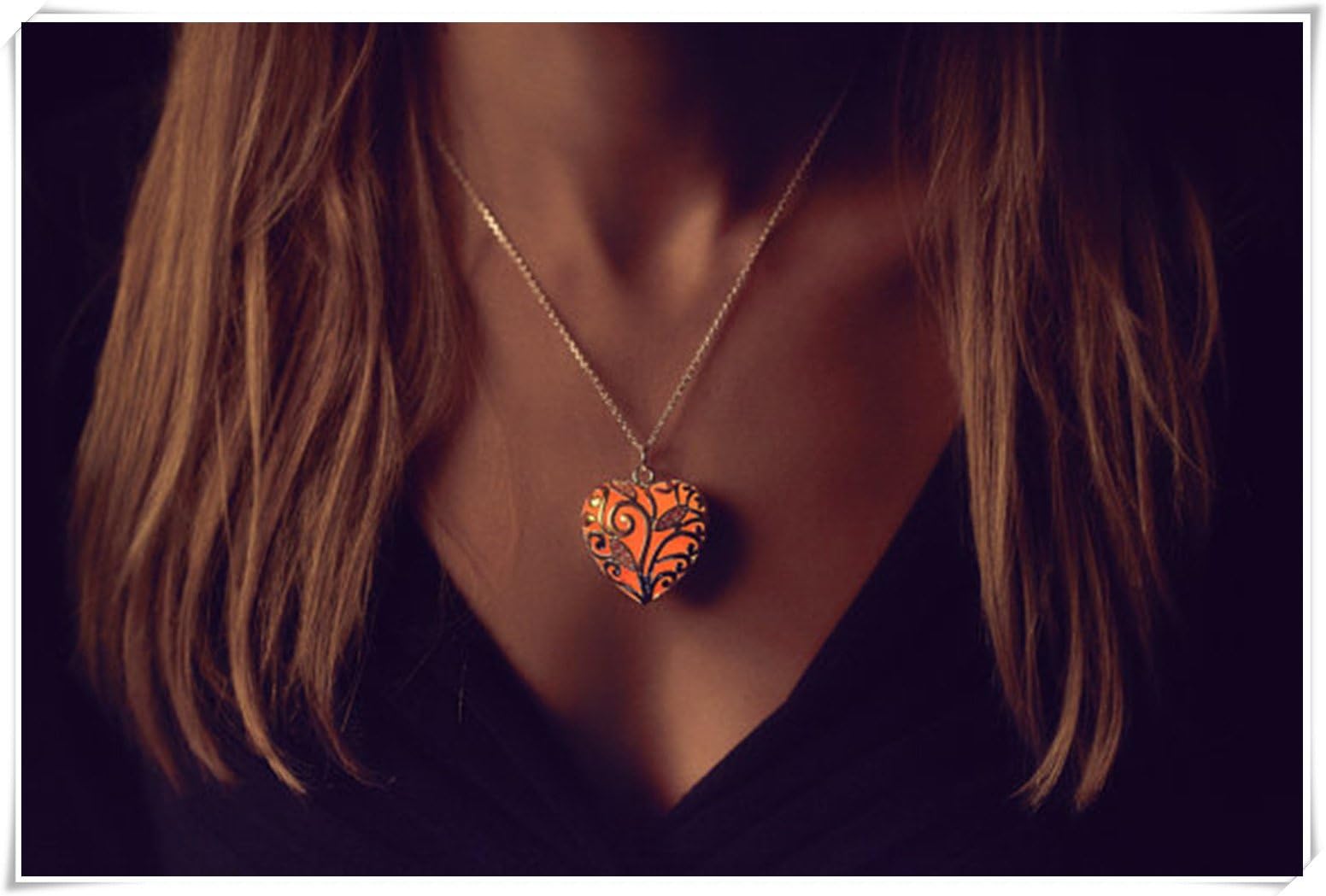 Orange Glowing Heart Necklace - Glowing Necklace - Gifts for Her- Orange Glow in the Dark