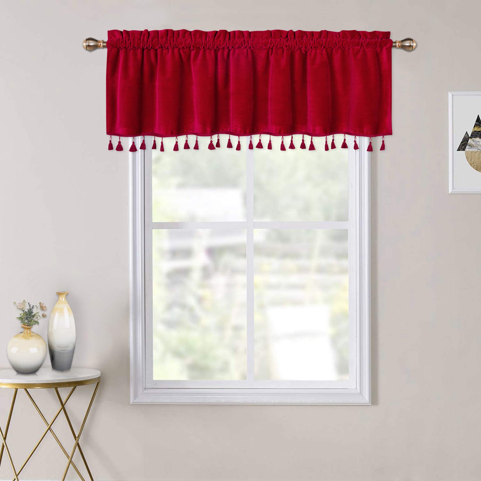 Boho Tassels Soft Luxury Room Darkening Velvet Window Valance Curtains for Bedroom Living Room, Red, 52 x 15 Inch