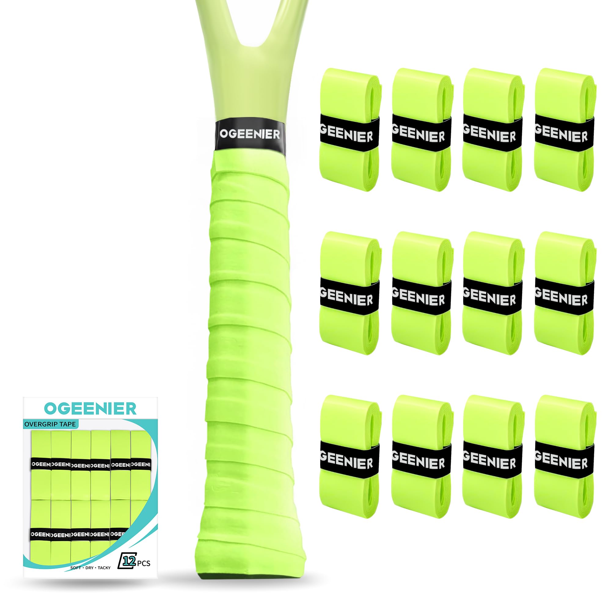 Ogeenier Tennis Racket Grip Tape, 12 Pack, Absorbent and Anti-Slip Badminton Squash Racket Grip, Precut Soft Racquet Padel Overgrip Tape