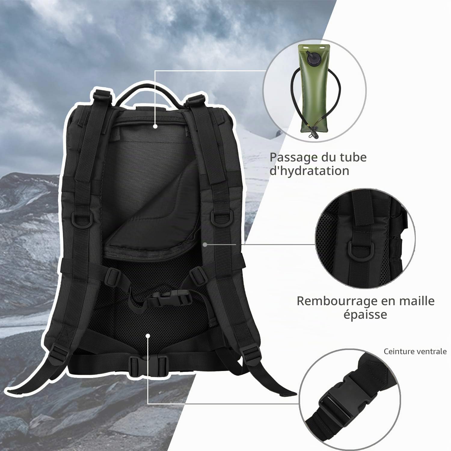 Hannibal Tactical Sac à dos Style Tactique Militaire, 40L Grand Volume Sac à Dos Multifonction, pour Randonnée, Alpinisme, Escaladed, École, Mousqueton D Forme Noir