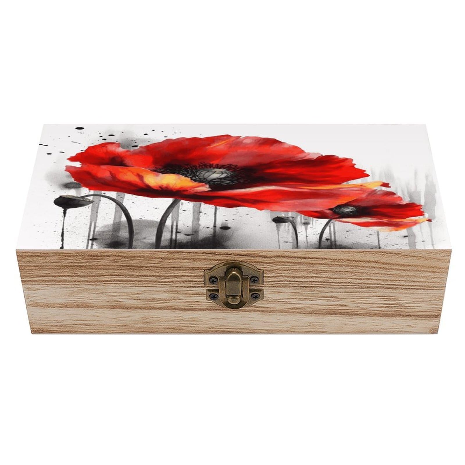 FekiLoot Natural Wooden Keepsake Box with Hinged Lid, 8x4 Inch Beautiful Poppy Flower Ink Memory Box, Wood Jewelry Organizer & Trinket Holder, Gift for Men Women Anniversary Wedding