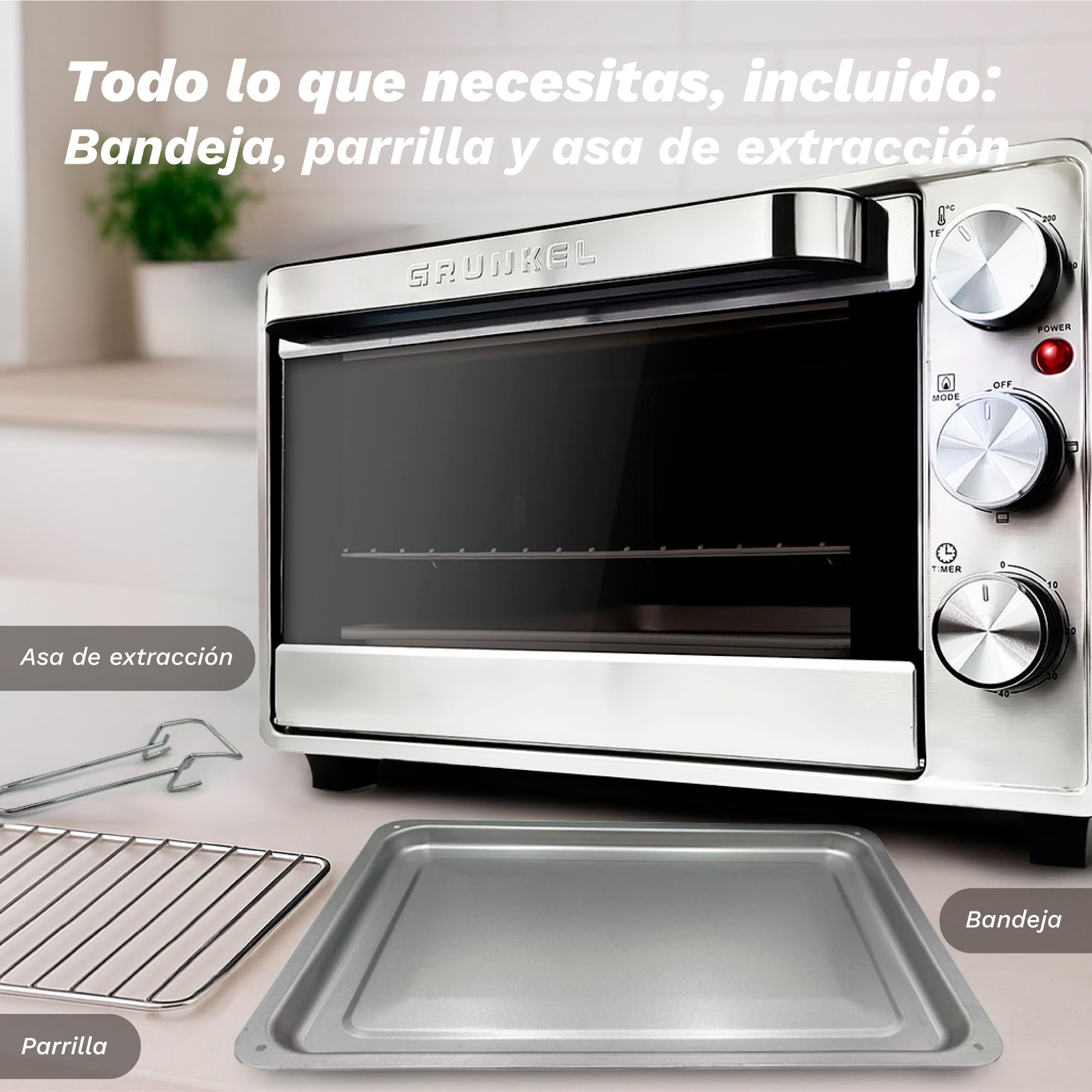 Horno eléctrico multifunción de sobremesa de 28L a 63L con ventilación convección y 3 funciones de calor. Selector de temperatura hasta 230ºC. Temporizador hasta 60 min - de 1600W a 2300W
