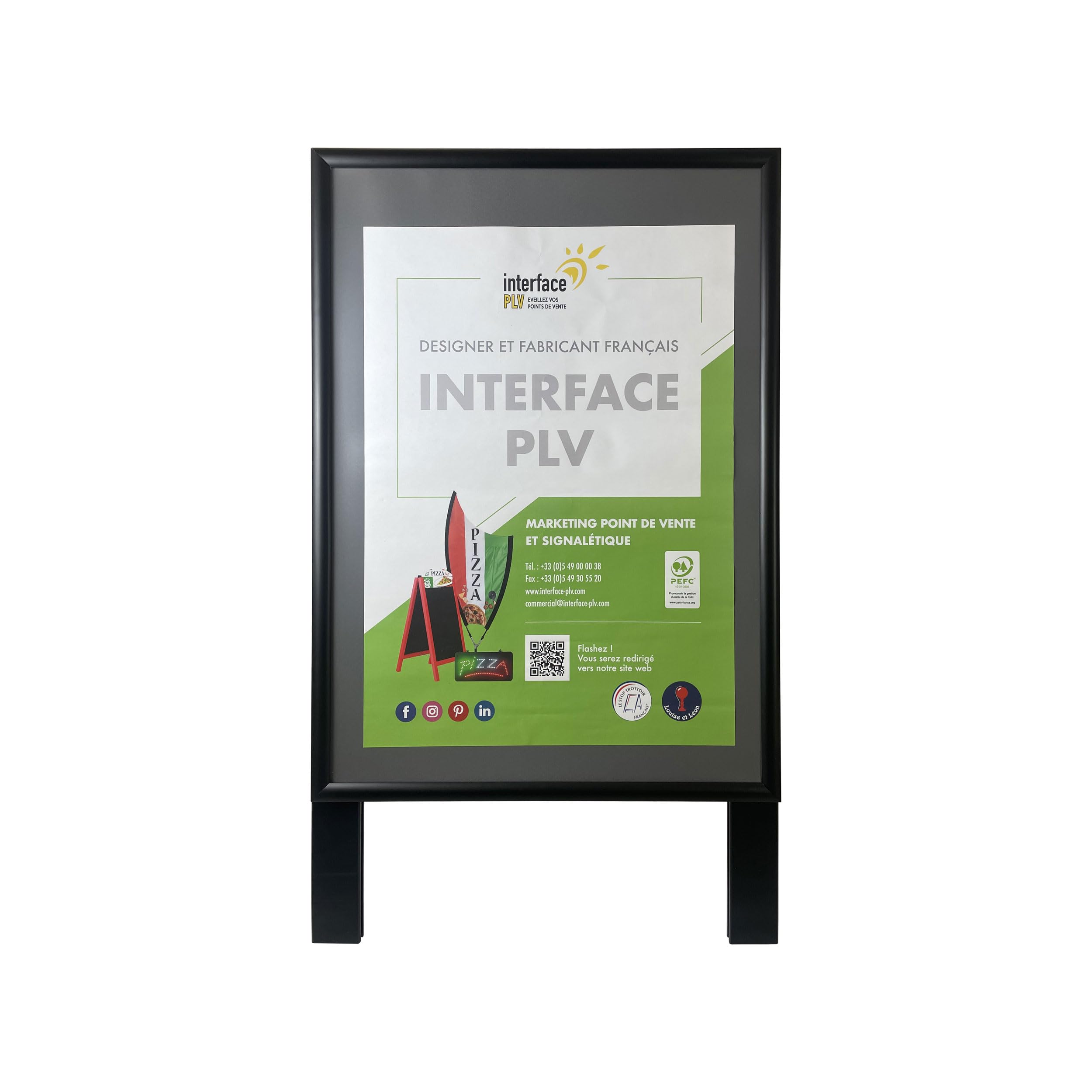 Chevalet stop trottoir bois noir avec porte affiche alu format A2 - Dimensions 78 x 45 cm