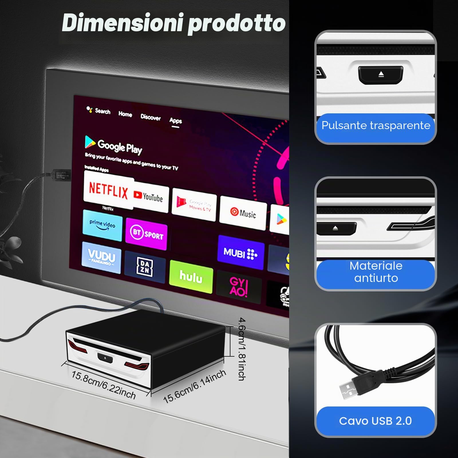 NHOPEEW Lettore CD/DVD USB esterno per auto, laptop e smart TV – Plug & Play USB 2.0, protezione antiurto, compatibile con tablet Android, include cavo USB e supporto | Plug & Play, compatibile con tablet Android, include cavo USB e supporto protezione an