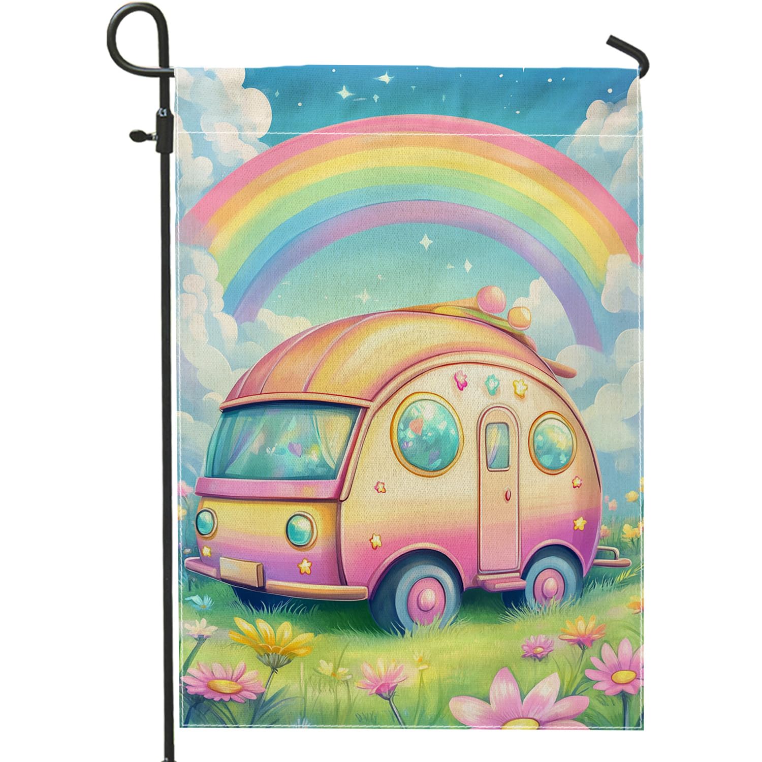 Fanciful Rainbow Caravan Garden Flag, Peach Colorful Camping Decor for Spring Summer Outdoor Party Lawn Decoration, Double Sided Design 12x18 Inch