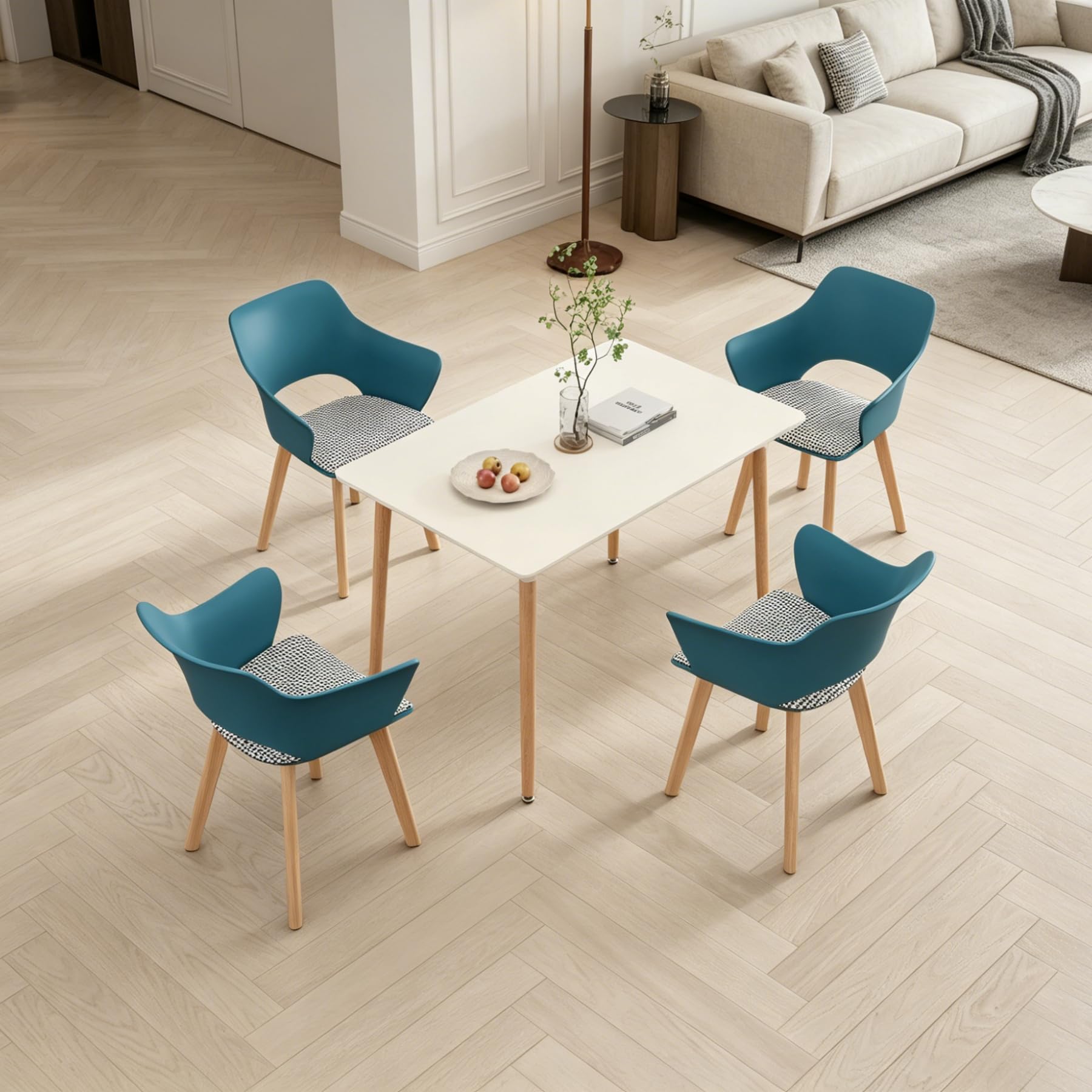 GrandCA HOME Lot de 4 Chaises de Cuisine Nordiques Chaise de Salle à Manger avec Pieds en Bois Massif, Chaises Rembourrées pour Chambre, Salon, Cuisine,Lac Bleu-N
