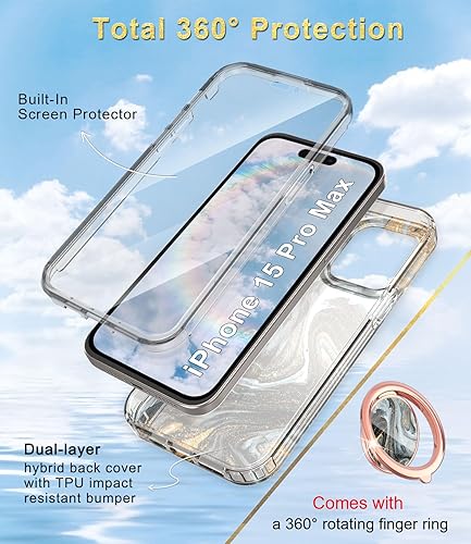 Miniatura 2 de Btscase Funda para iPhone 15 Pro Max de 6.7 pulgadas, protector de pantalla integrado con soporte de anillo de 360, cuerpo completo de doble capa,