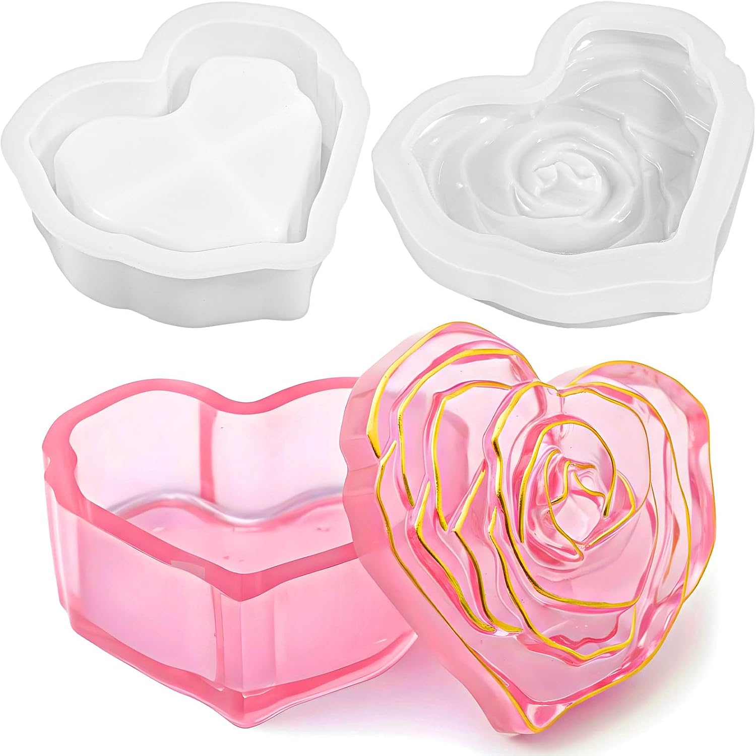 Heart Jar Resin Mold with Rose Lid Heart Box Resin Molds Rose Flower Jar Molds for Epoxy Resins Concrete Planter Mold DIY Jewelry Storage Box Candy Container