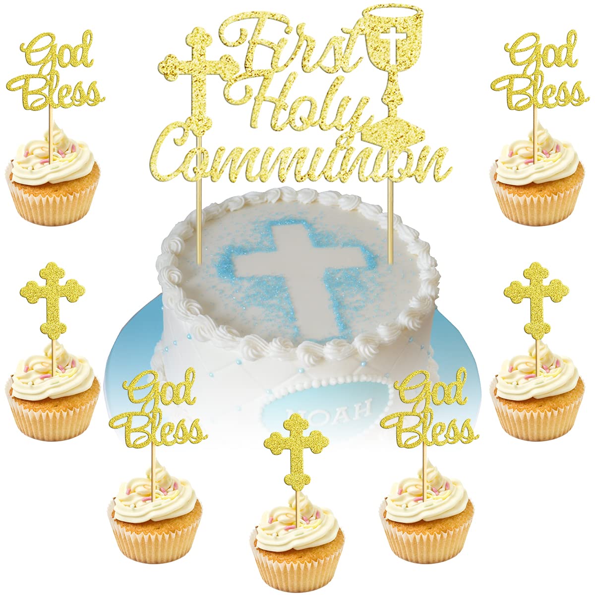 Buy First Communion Cake Topper and Cupcake Toppers Set, 24 Pcs Gold