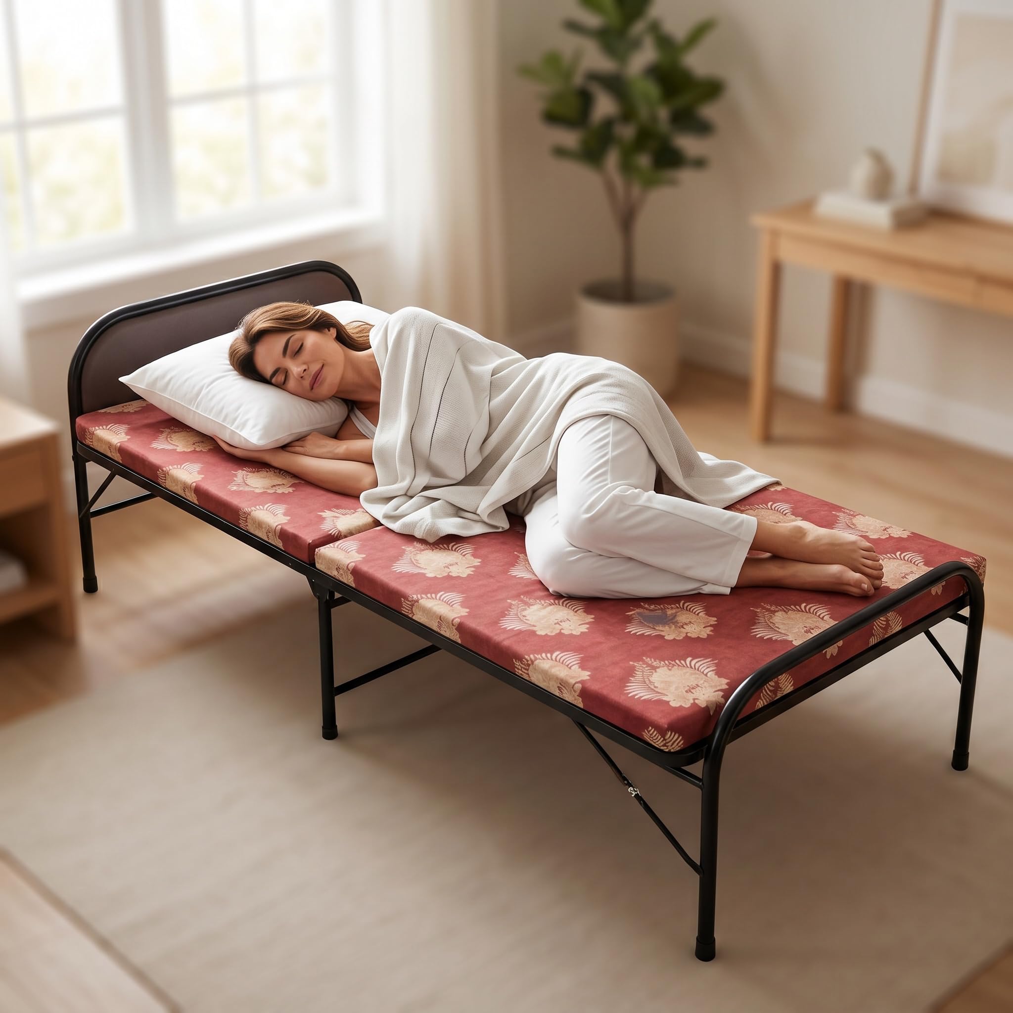 nattnak single folding bed with mattress 3x6 ft, heavy duty metal frame foldable cot, portable guest bed, space saving extra bed, no assembly required