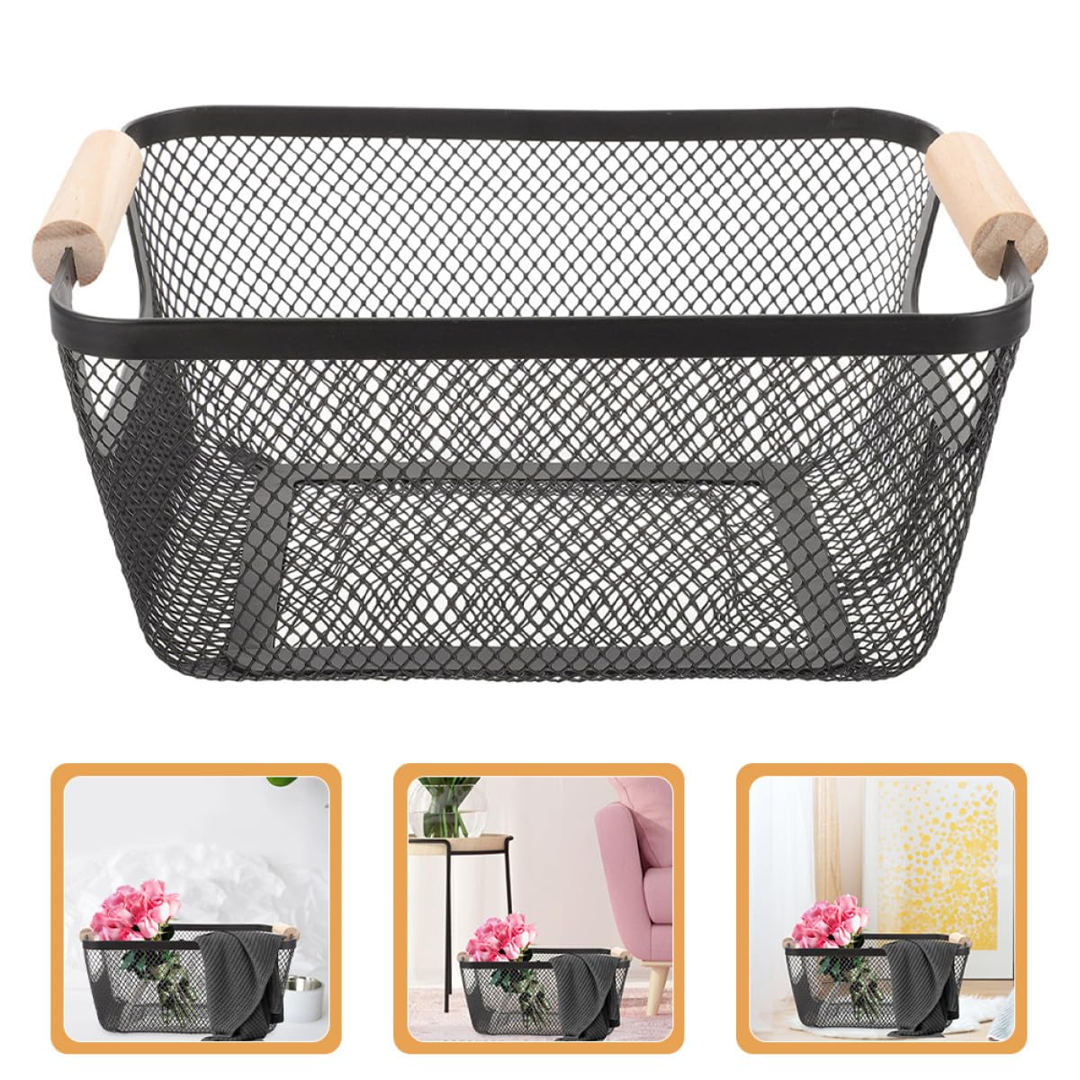 INOOMP Cesta de Gran Capacidad Rectangular de Metal Mango de Madera Estilo Nórdico para Almacenamiento y Organización en Baño y Estantes