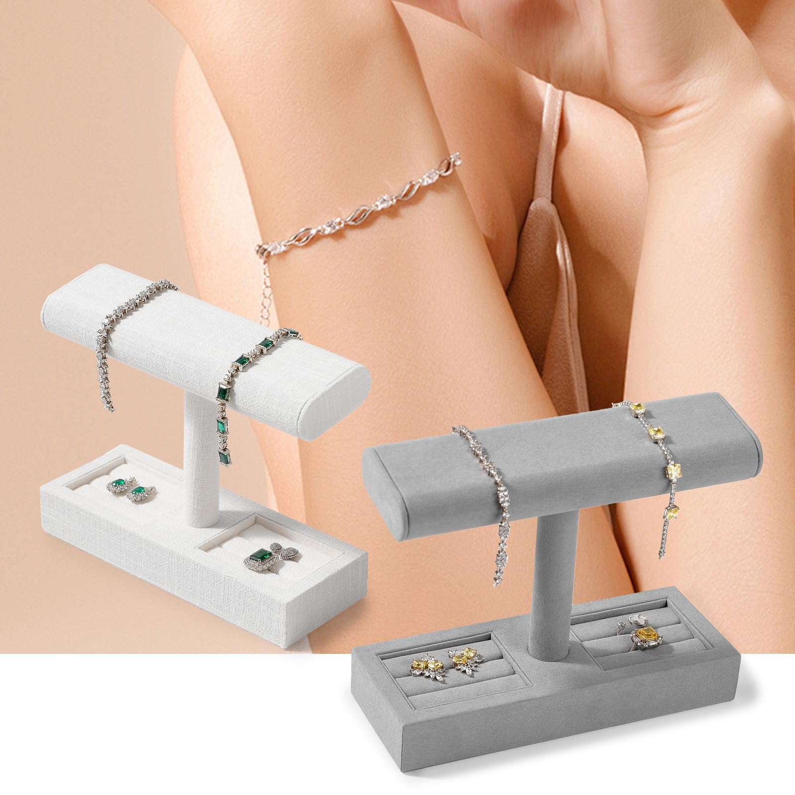 Mikrofaser-Uhrenständer, T-Bar, Uhrenring-Ständer für Damen und Herren, Schmuck, Armband, Uhren, Ring-Organizer für Geschäft und Zuhause (grau)