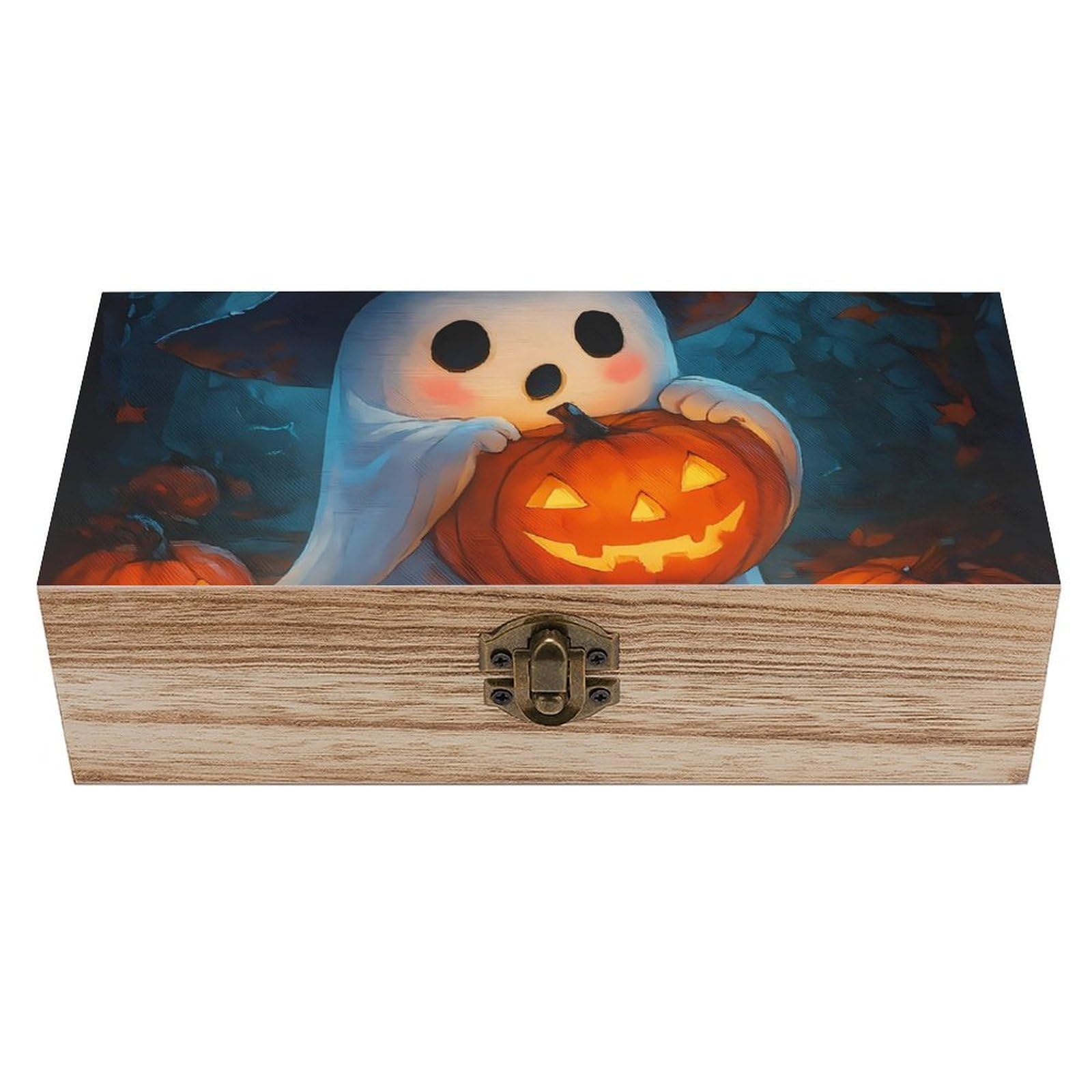 HLBSDM Halloween Ghost Holding Jack-O-Lantern Retro Wooden Storage Box Jewelry Art Gift Boxs Decorative Keepsake Boxes