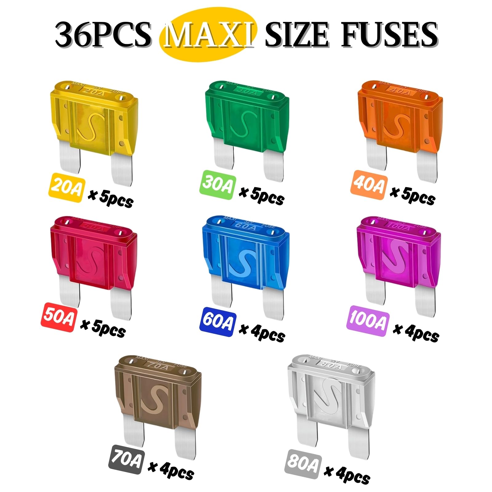 Assortimento di 36 fusibili a lama maxi per auto, fusibili, 32 V, per auto, SUV, camper, moto, barca, camion, 20A, 30A, 40A, 50A, 60A, 70A, 80A, 100A