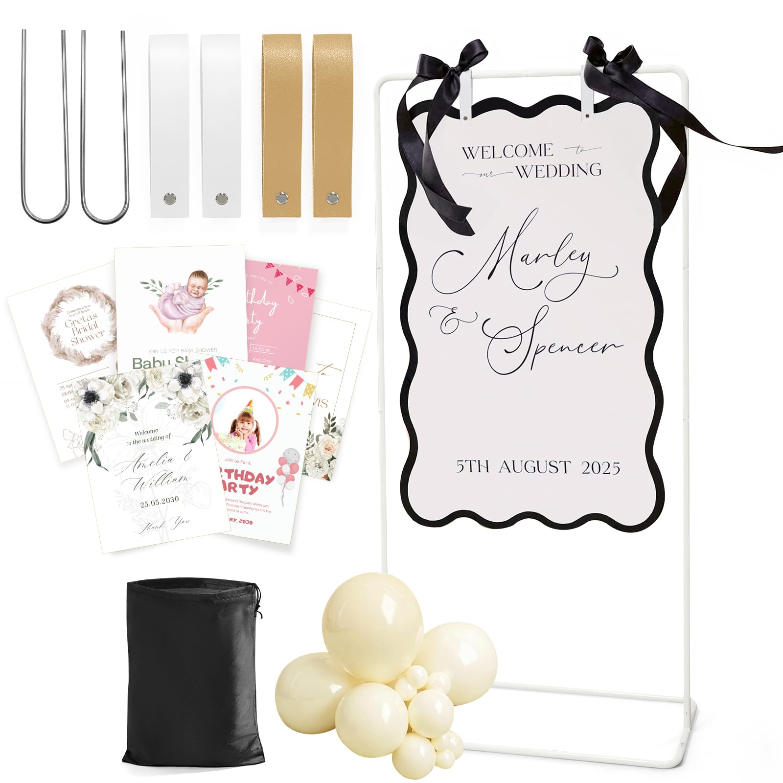 Photo 1 of Wedding Welcome Sign Stand, Welcome to our Wedding Sign Holder, White Easel Stand for Sign Poster With Design Bundle & Ground Stakes & Leather Sign Hanging Straps, Linen Sign Stand for Wedding Decor