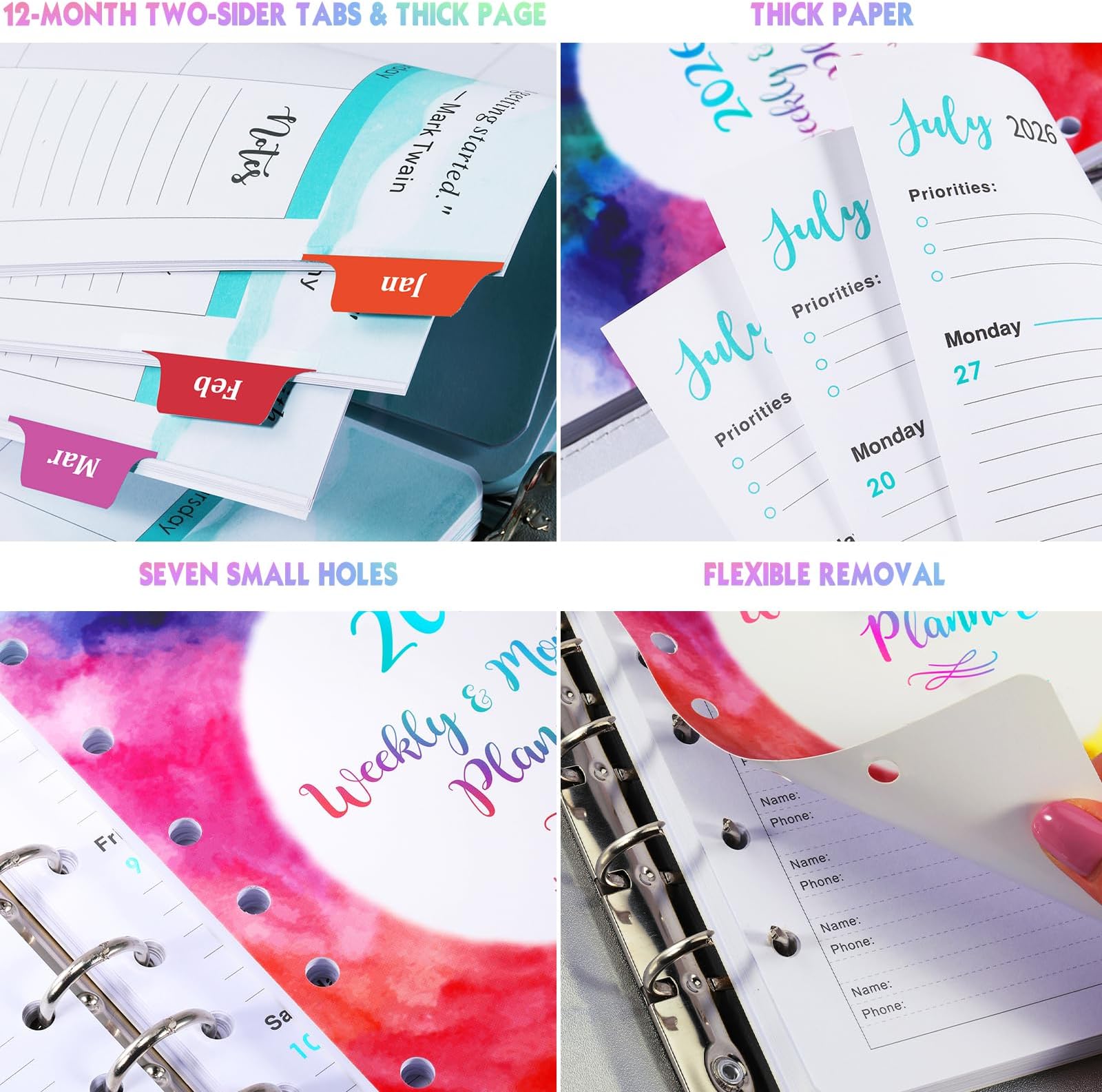 2026 Planner Refills - 7-Hole Punched Planner Refills 2026, JAN 2026 - DEC 2026, 5.5" x 8.5", 5-1/2" x 8-1/2", A5 Planner Inserts, 2026 Weekly and Monthly Planner Refill with Colorful Tabs