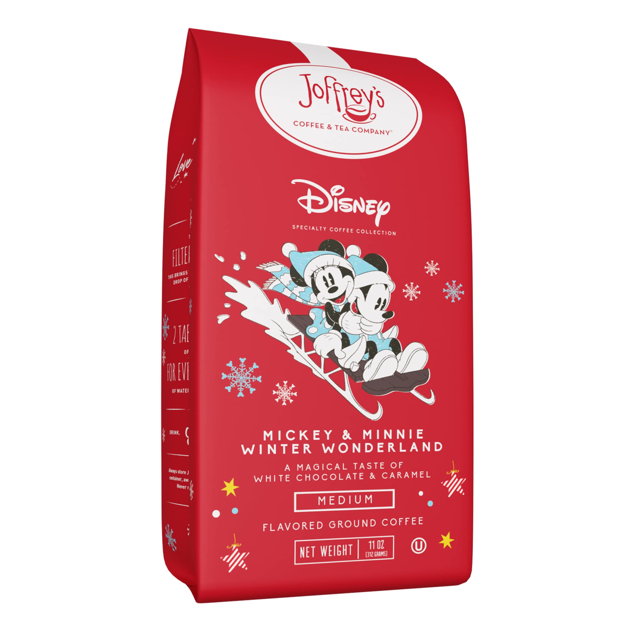 Joffrey's Coffee & Tea Company Disney Mickey Minnie Winter Wonderland, Specialty Collection, Artisan Medium Roast Coffee, White Chocolate Caramel Flavored Drip Brew (Ground, 11 oz)