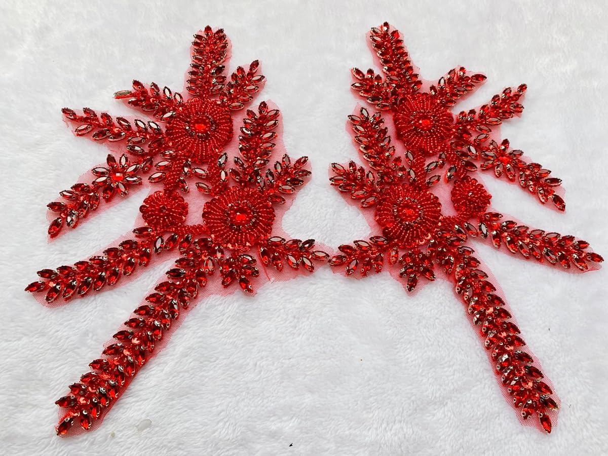 Hand-Made Beaded Rhinestons DIY Clothing Appliques Patch,Beaded Applique for Jeans Jacket Shoes Bags and Other DIY Projects Decoration Beading Flower Applique by Pair (Red)