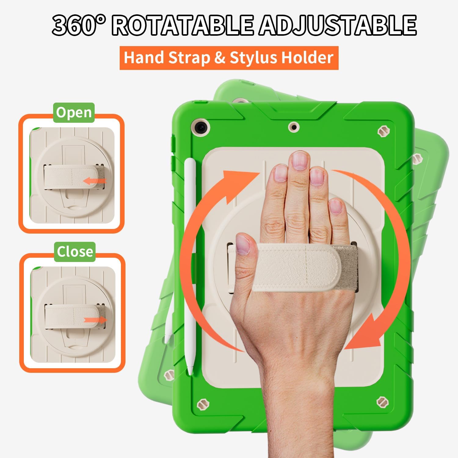 Case for iPad 9th/8th/7th Generation10.2, Shockproof 360 Rotating Stand Shoulder Hand Strap with Pencil Holder for iPad 10.2 inch 2021/2020/2019 Case (Green+White)