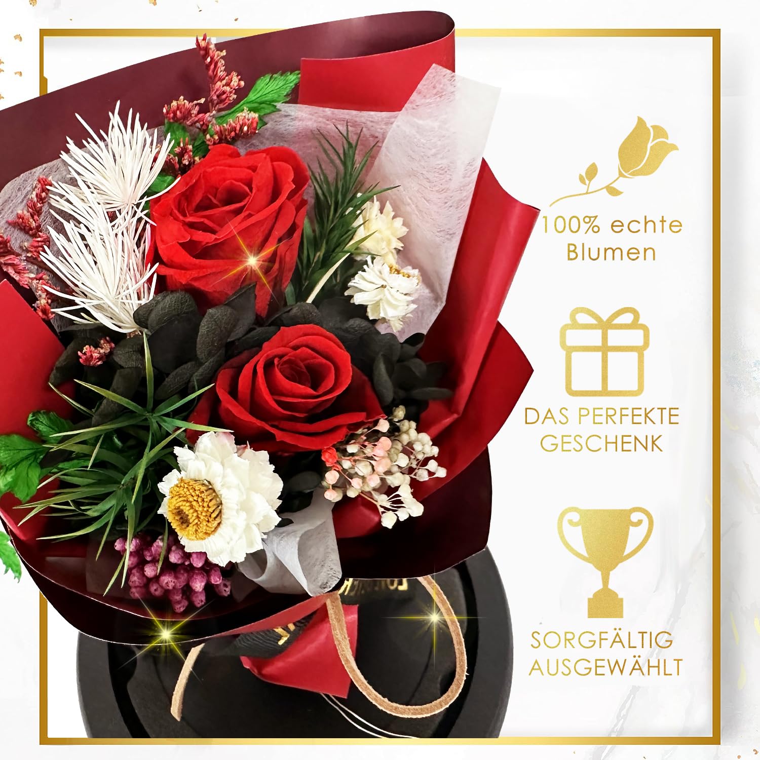 Geschenk für Frauen, Ewige Rose im Glas mit LED, Rote Rose Blumenstrauß, Dekoration für Zuhause, Langlebige Echte Blumen für Mama, Freundin, Ehefrau, Oma (Rot)